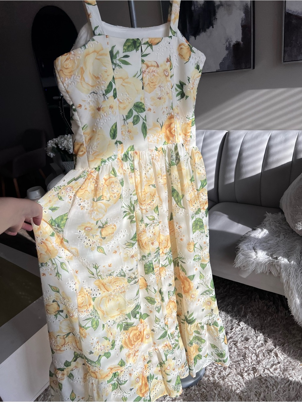 Yellow Floral Eyelet Midi Dress with Straps